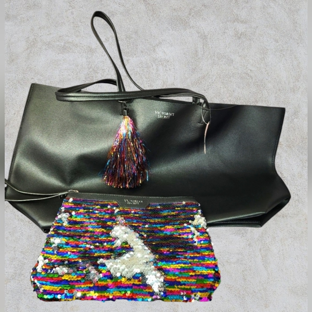 NwT Victorias Secret Black Tote Bag Rainbow Tassel + Rainbow Sequin Wristlet Bag
